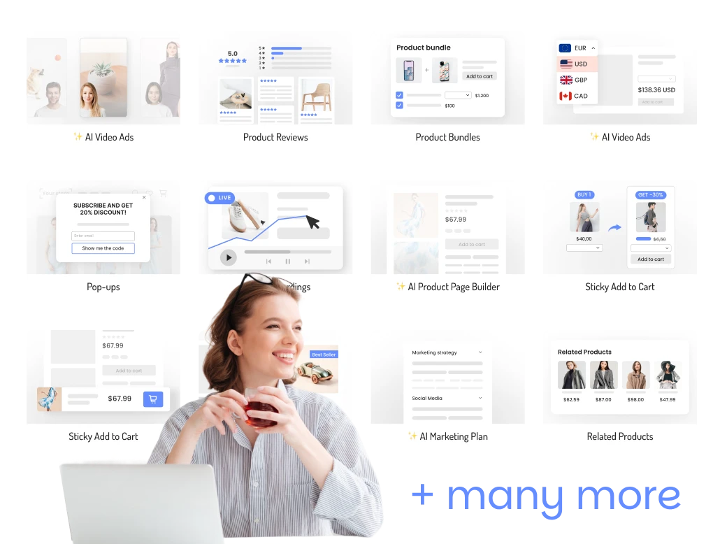 Grid of Vitals app features including AI Video Ads, Product Reviews, Product Bundles, Pop-ups, and Sticky Add to Cart tools