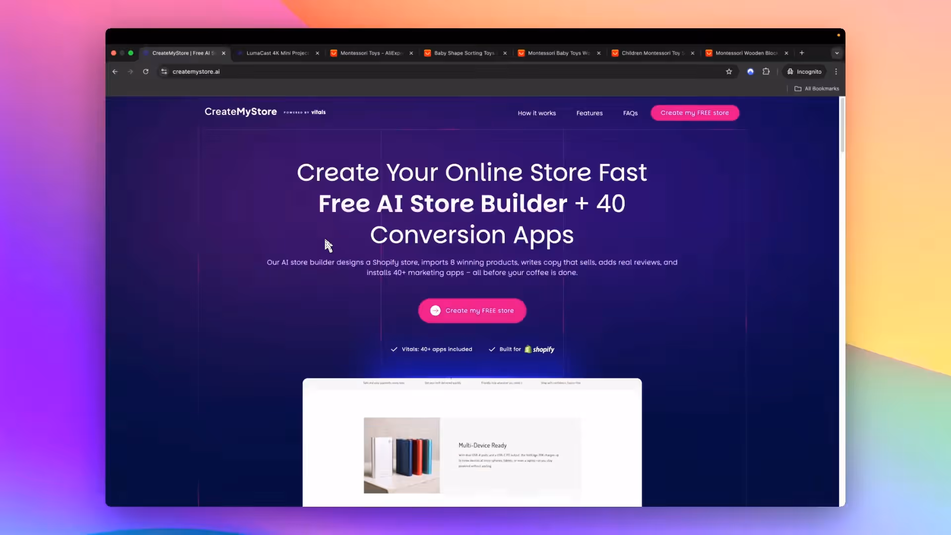 Video thumbnail for the CreateMyStore tutorial showing how to build a Shopify store with AI