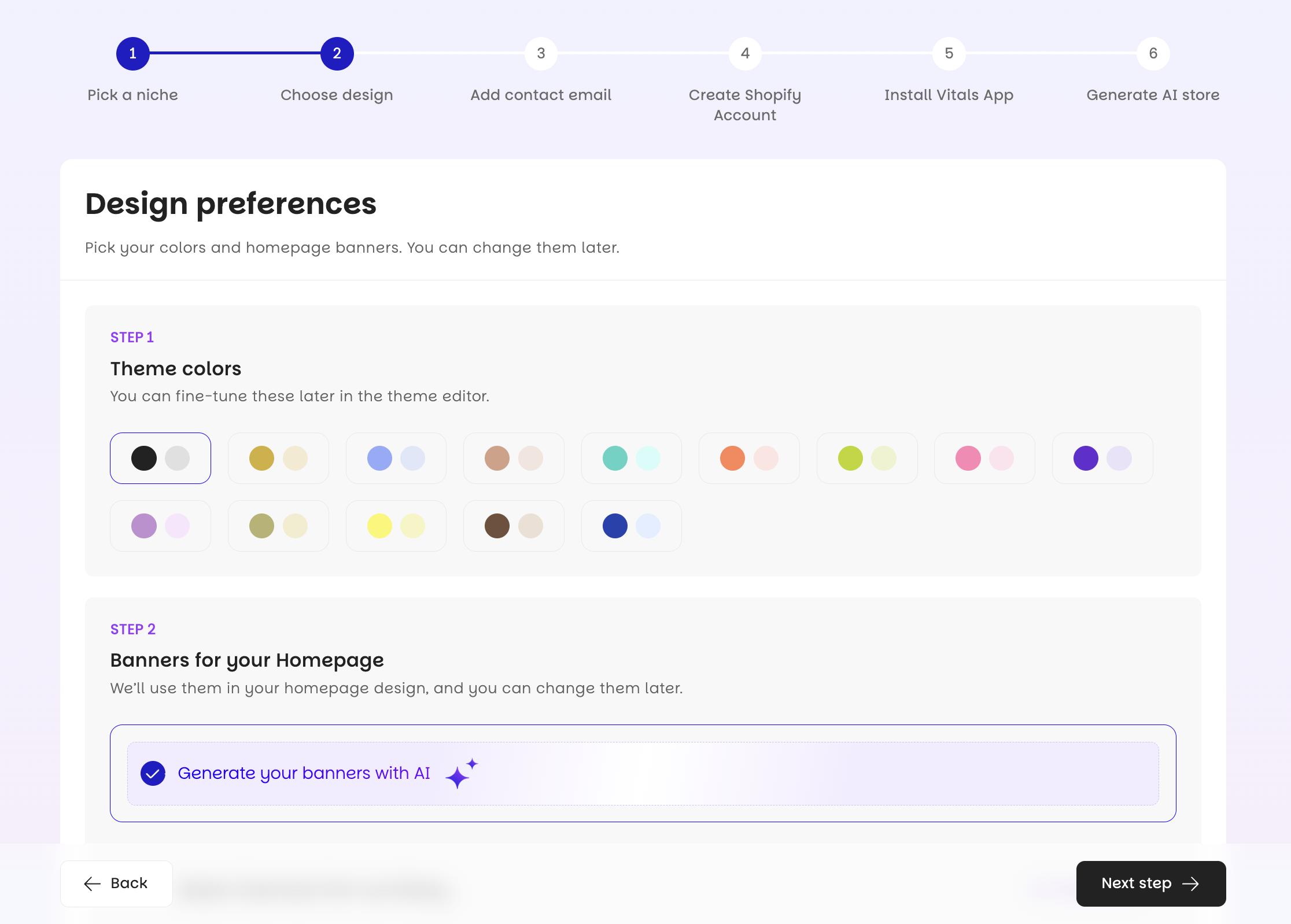Color and banner selection screen