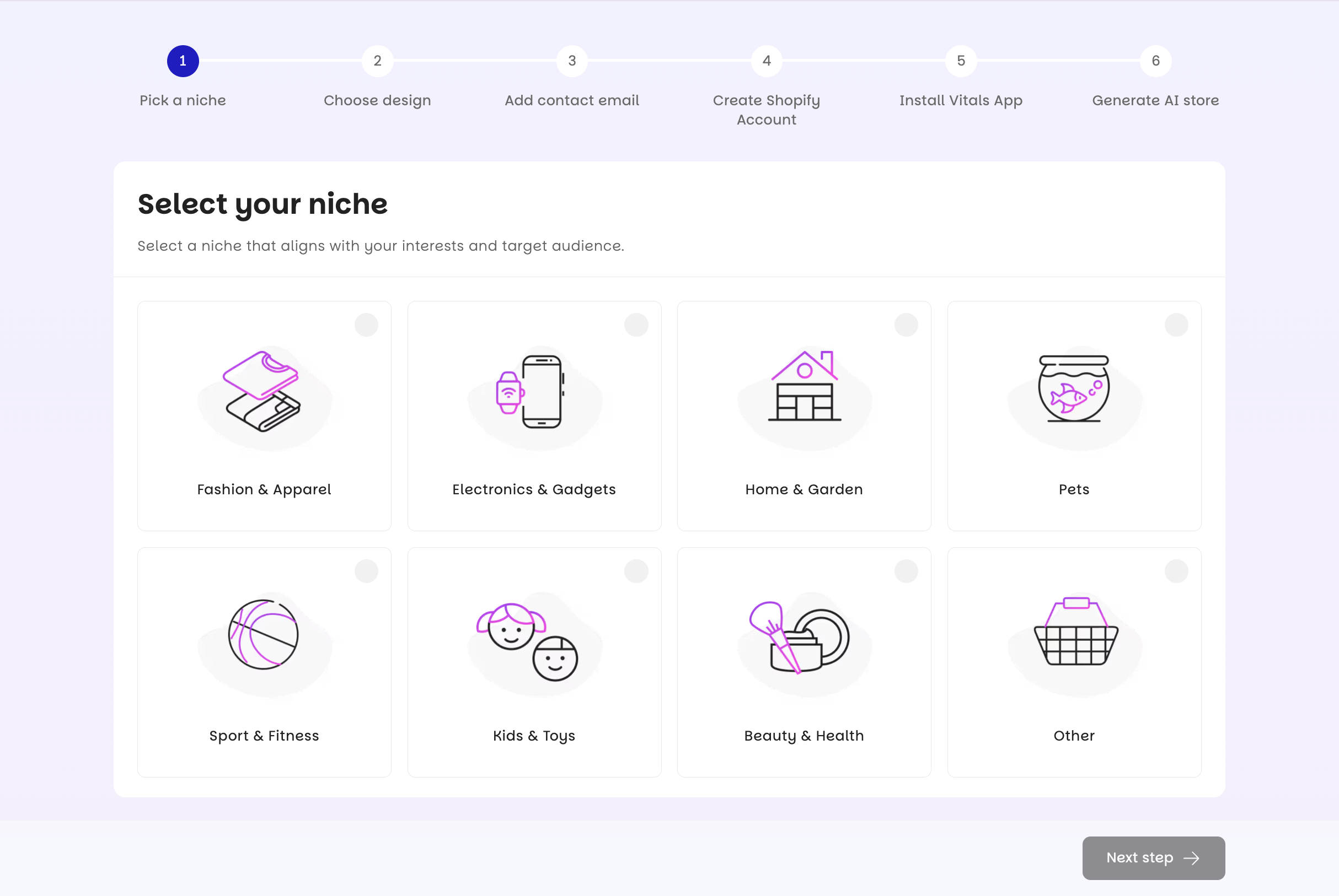 Niche selection screen