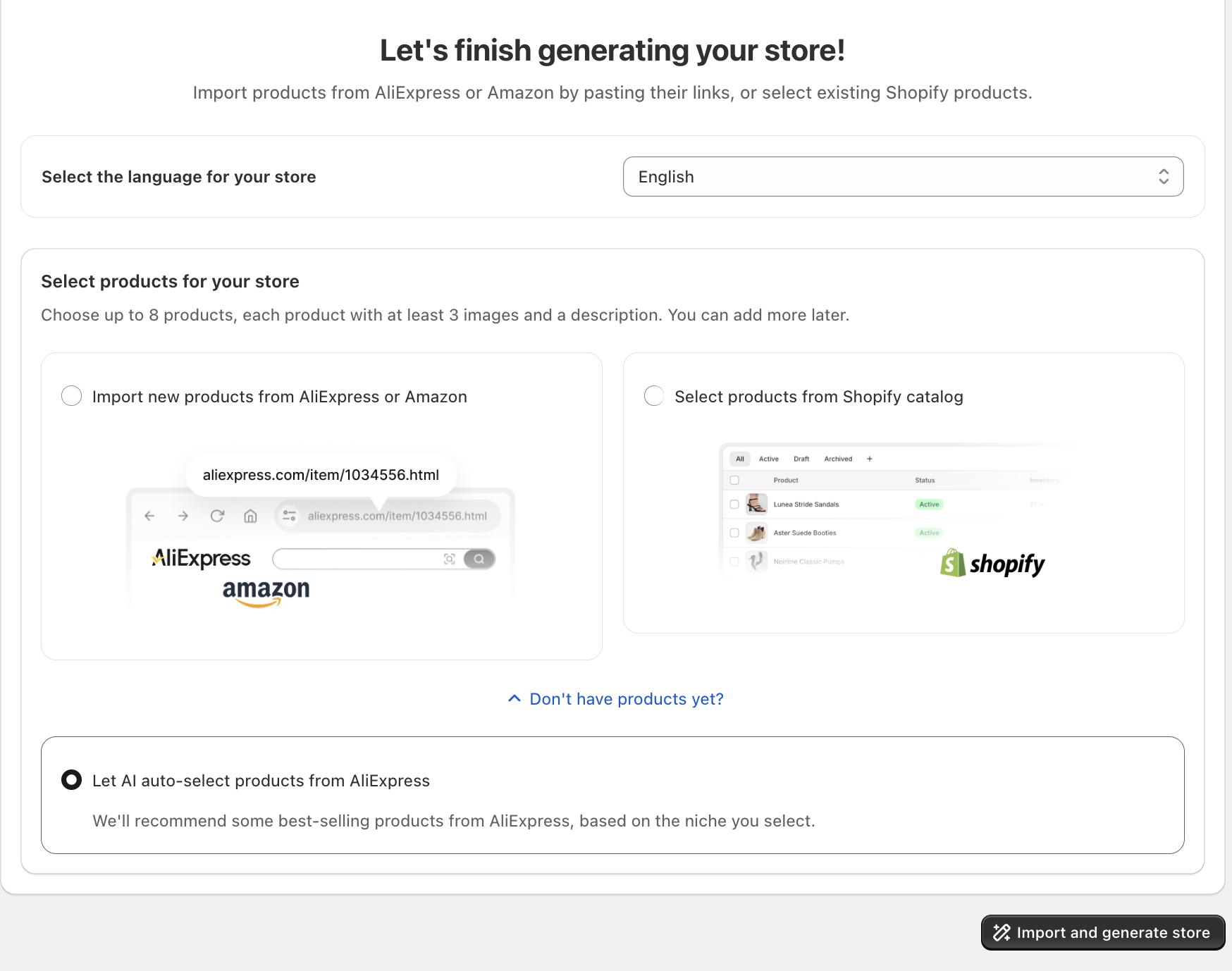 Product selection screen