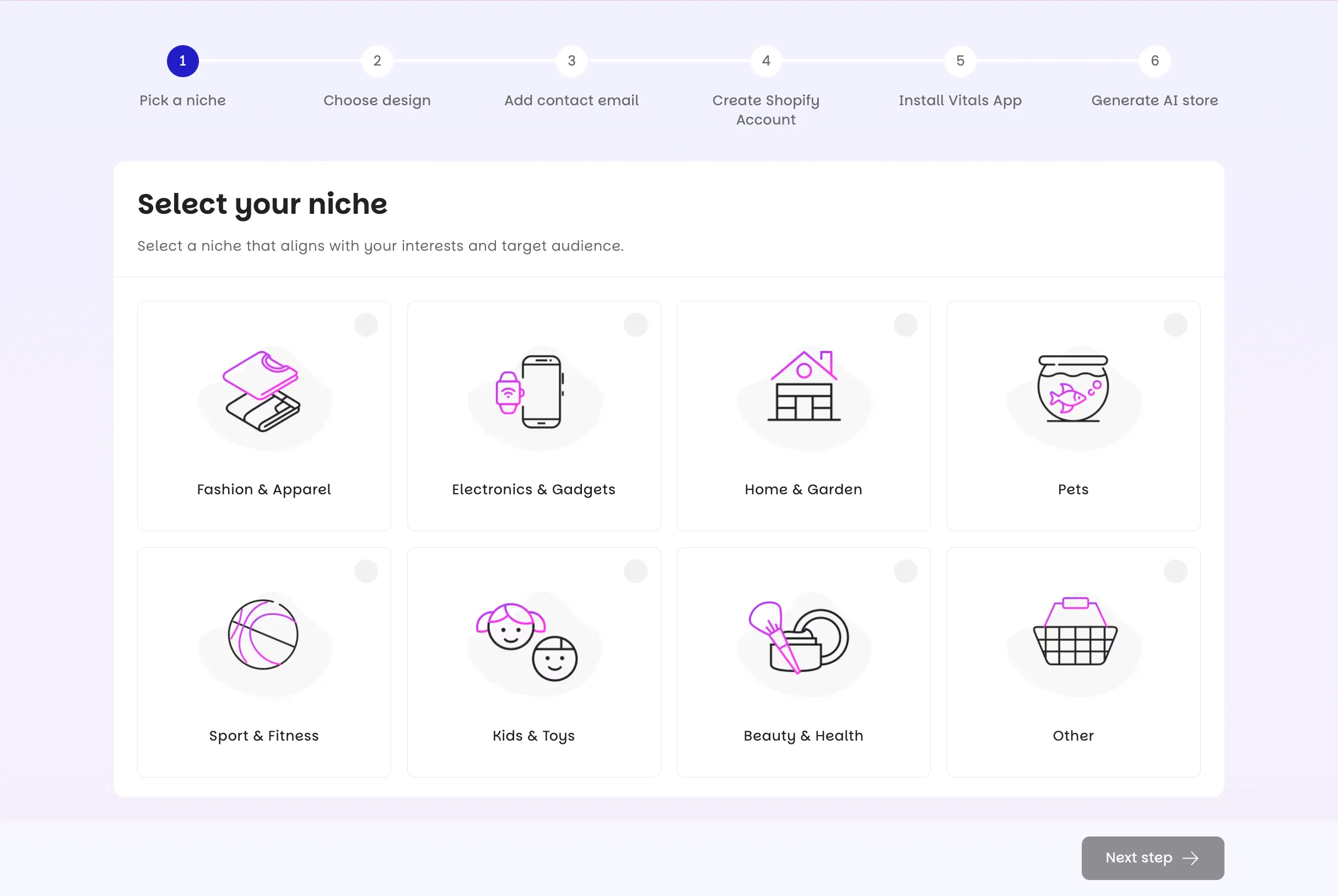 Niche selection screen